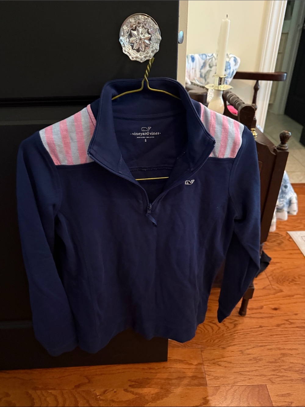 Vineyard Vines Navy Quarter-Zip Pullover with Pink Striped Shoulders